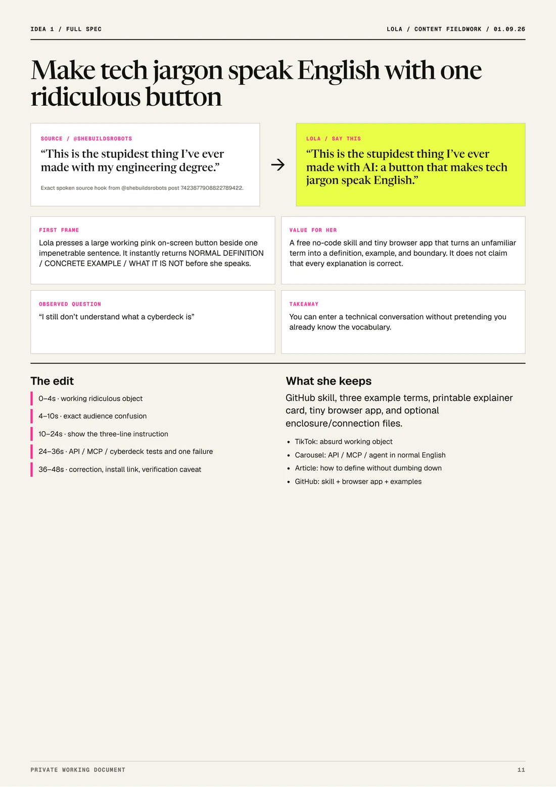 A proposed content concept connecting an audience question about technical language with an opening, first frame, editing sequence, and useful takeaway