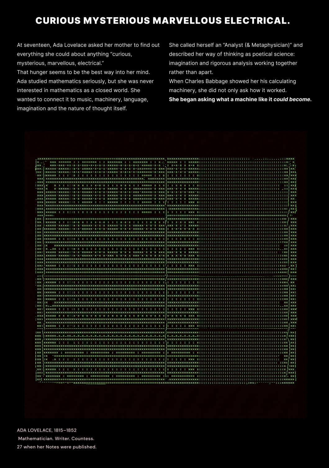 An essay on Ada’s curiosity and poetical science, above a green ASCII image on black. A plain-text version follows.