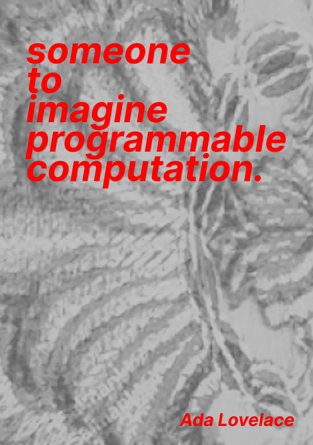 Red italic type over a monochrome woven texture: someone to imagine programmable computation. Ada Lovelace.