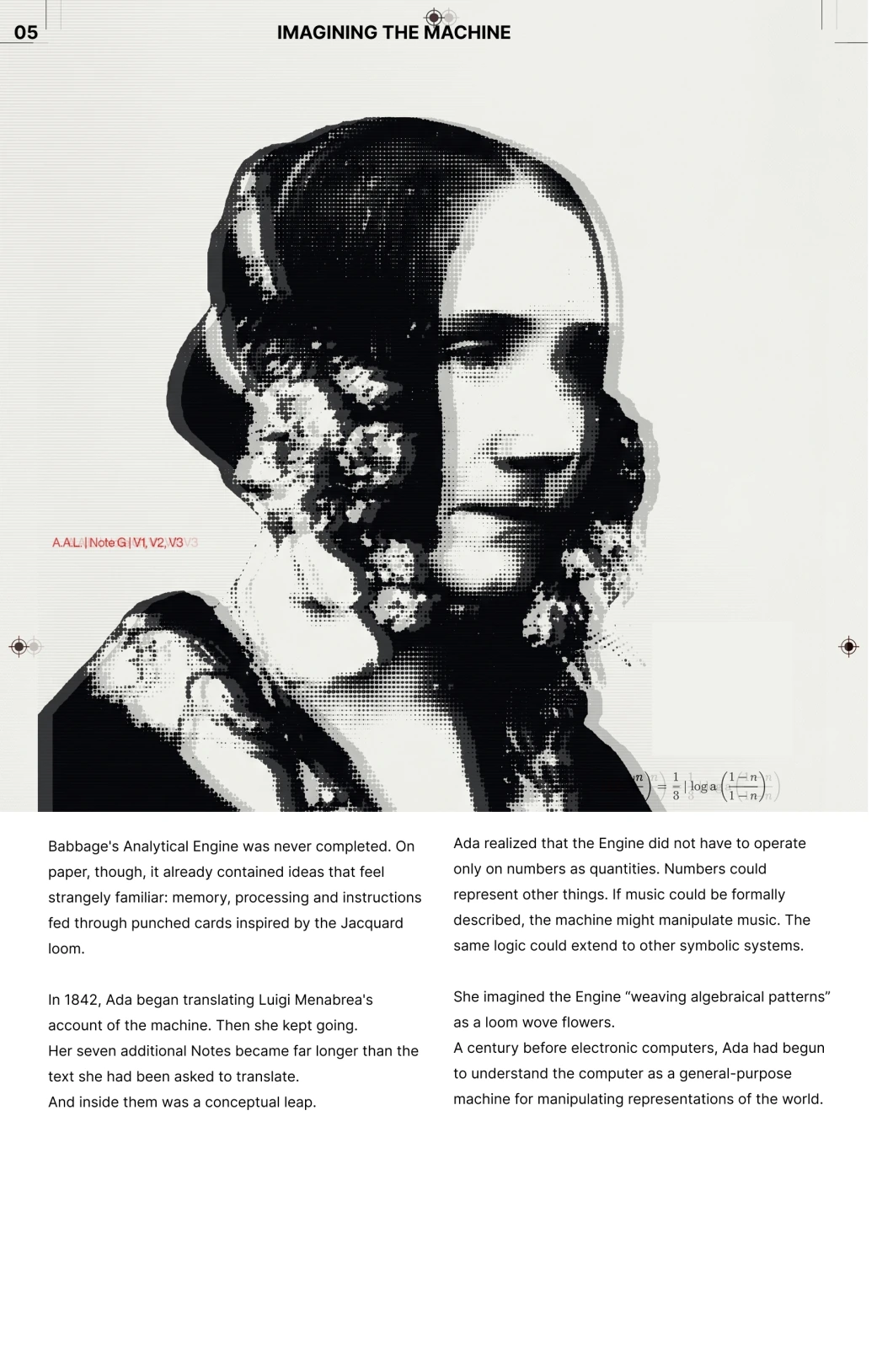 Halftone portrait of Ada Lovelace with the essay Imagining the machine, on the Analytical Engine and symbolic computation. A plain-text version follows.