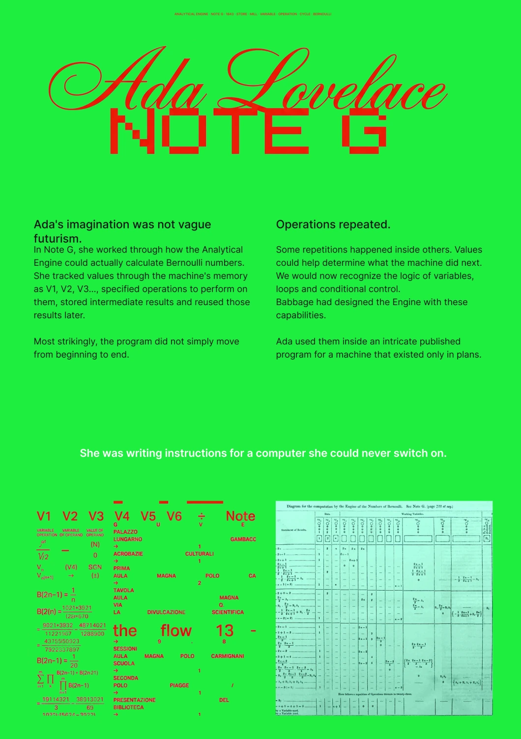 Red script and pixel lettering on bright green: Ada Lovelace, Note G. Essay and original Bernoulli-number diagram. A plain-text version of the essay follows.